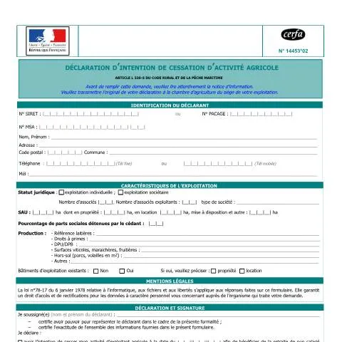 Aperçu du document Comment déclarer l'arrêt de votre exploitation agricole en France — Démarches administratives (CERFA n°14453*02)