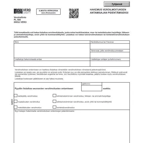 Document preview: Lisäajan hakeminen veroilmoitukseen erityistilanteissa — Verot & verotus (CERFA n°Vero 3200)