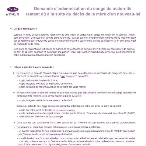 Aperçu du document Transfert des indemnités maternité en cas de décès maternel — Santé (CERFA n°15411)
