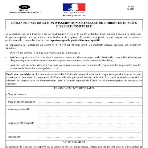 Aperçu du document Autorisation d'inscription expert-comptable par dérogation — Démarches administratives (CERFA n°11732*05)