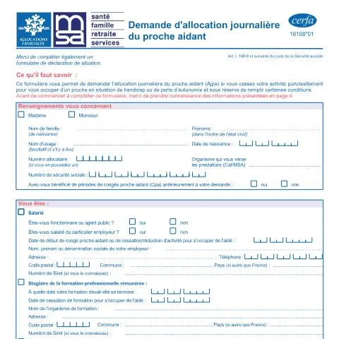 Aperçu du document Allocation journalière du proche aidant : démarches et conditions — Famille (CERFA n°16108*01)