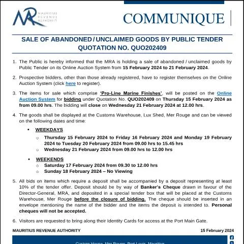 Document preview: Mauritius Official Notice: Sale of Unclaimed Goods by Public Tender — Government & admin (CommuniqueQuo202409)