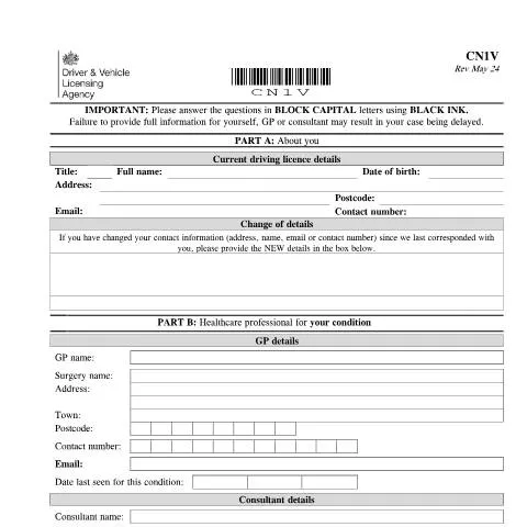 Document preview: How to Report Your Medical Condition Using DVLA Form CN1V — Health