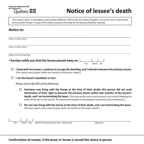 Document preview: Understanding the Notice of Lessee’s Death Form in Quebec Rental Law — Housing (TAL-804A-E)