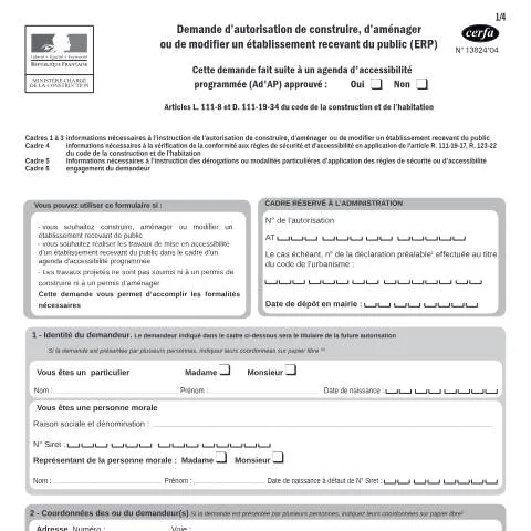 Aperçu du document Formulaire 13824*04 : autorisation administrative ERP obligatoire — Démarches administratives (CERFA n°13824*04)