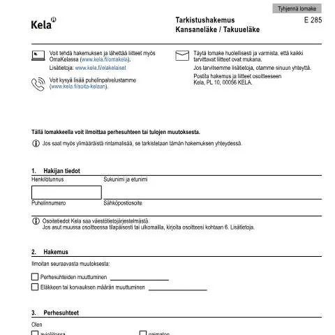 Document preview: Miksi tarkistushakemus on tärkeä eläkkeensaajille? — Hallinnolliset asiat (CERFA n°Kela E 285)