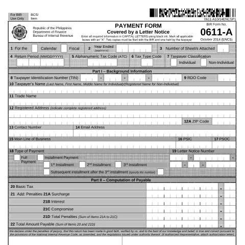 Document preview: Understanding BIR Form No. 0611-A for Tax Payments — Government & admin (CERFA n°0611-A)