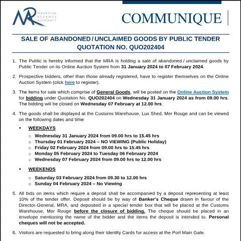 Document preview: Mauritius Revenue Authority Announces Sale of Unclaimed Goods via — Government & admin (CommuniqueQuo202404)