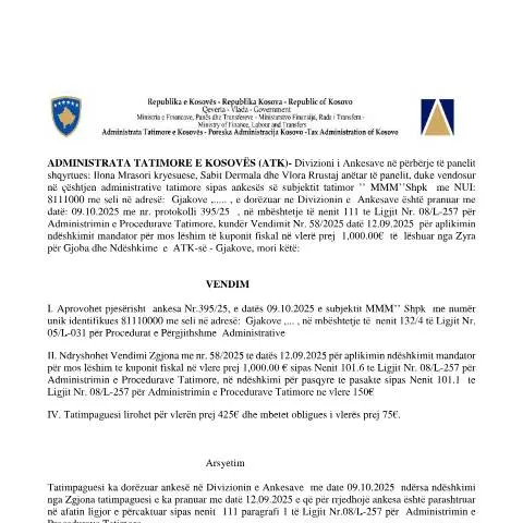 Document preview: Rëndësia e Vendimit Nr. 395-25 për Subjektet Tatimore — Procedura administrative