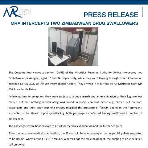 Document preview: Understanding Drug Smuggling: MRA's Recent Interception of Zimbabwean — Government & admin (PressReleaseZimbabwean180722)
