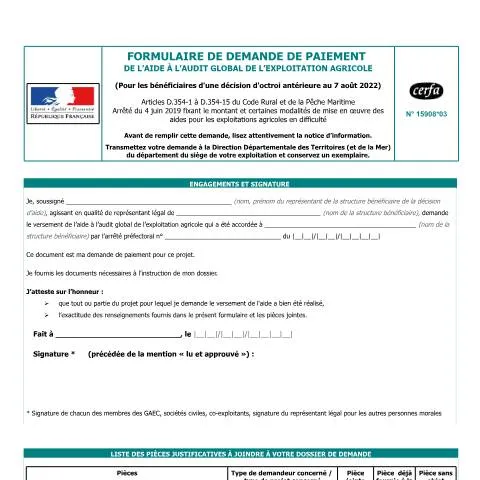Aperçu du document Aide audit global exploitation agricole : procédure de paiement — Démarches administratives (CERFA n°15908*03)