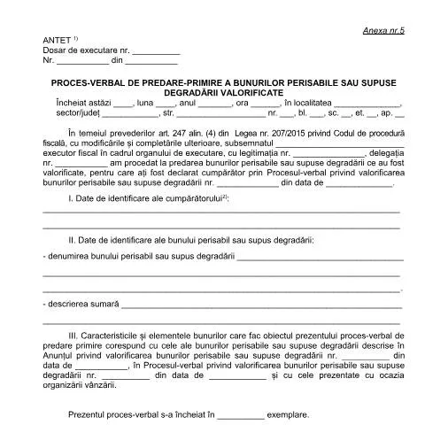 Document preview: Importanța Procesului-verbal de Predare-Primire a Bunurilor Perisabile — Formalități administrative (CERFA n°A5_OPANAF_1517_2017)