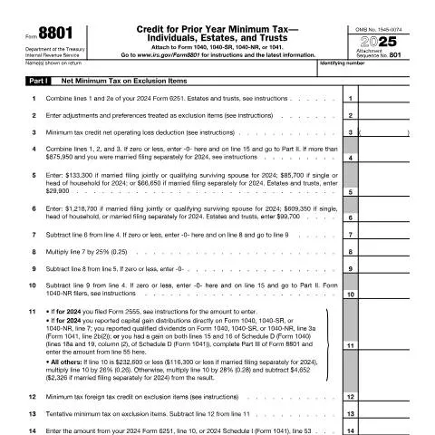 Document preview: Understanding IRS Form 8801: Claim Your Minimum Tax Credit — Taxes (CERFA n°8801)