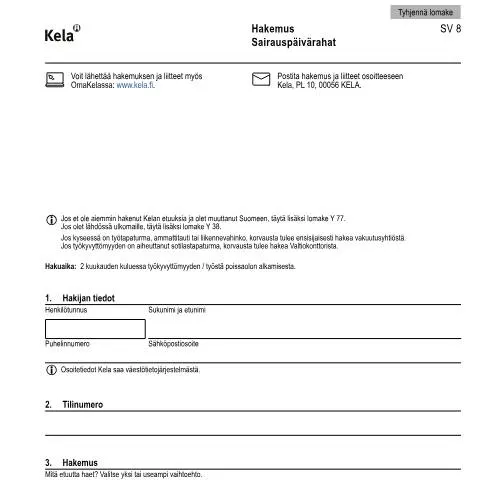 Document preview: Sairauspäiväraha: Tuki sairauden aikana — Terveys (CERFA n°Kela SV 8)