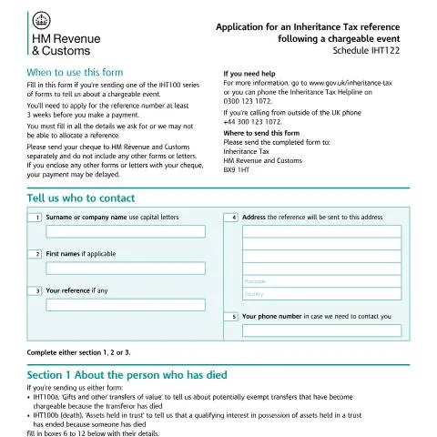 Document preview: IHT122: Getting Your Inheritance Tax Reference After Chargeable Events — Taxes