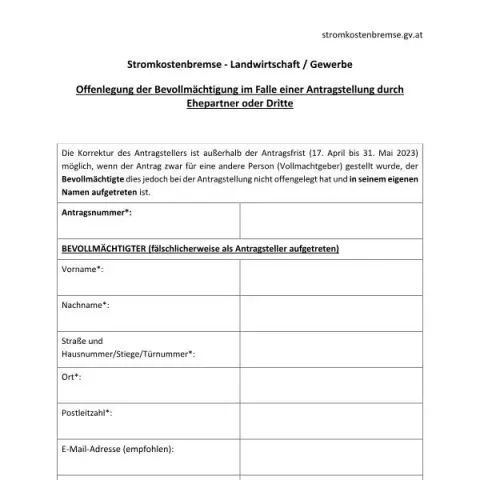 Dokumentvorschau: Offenlegung der Bevollmächtigung bei Stromkostenbremse — Landwirtschaft (Formblatt_Bevollmächtigung)