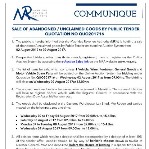 Document preview: Understanding the Sale of Unclaimed Goods in Mauritius — Government & admin (CERFA n°CommuniqueQ16of2017)
