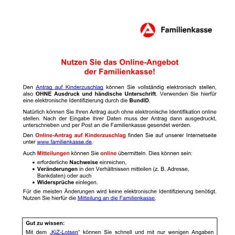 Dokumentvorschau: Wichtige Informationen zum Antrag auf Kinderzuschlag (KiZ 1) — Familie (CERFA n°kiz1-antrag_ba036540)