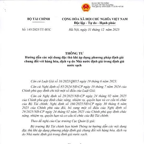 Document preview: Thông tư 145/2025/TT-BTC: Định Giá Nước Sạch Minh Bạch — Thuế & tài chính (CERFA n°145/2025/TT-BTC)