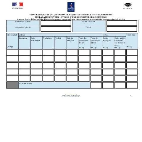 Aperçu du document Obligations déclaratives UEVDH-2 pour les stocks d'hydrocarbures — Démarches administratives (CERFA n°16057*01)