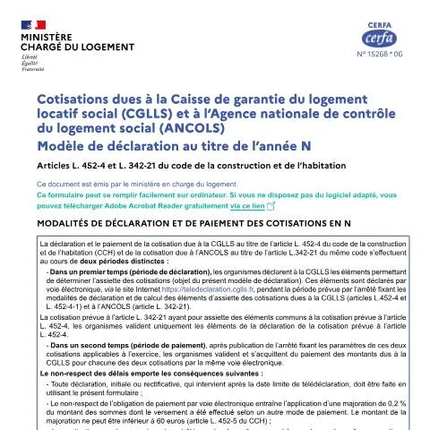 Aperçu du document Formulaire 15268*06 : déclaration CGLLS pour organismes HLM — Logement (CERFA n°15268*06)