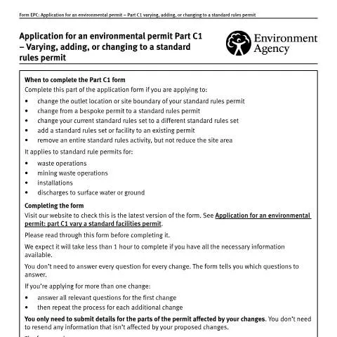 Document preview: Environment Agency Form C1: Modifying Standard Rules Permits — Government & admin