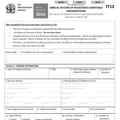 Document preview: Understanding the IT12 2016 Form for Jamaican Charitable Organizations — Taxes (CERFA n°it12_2016)