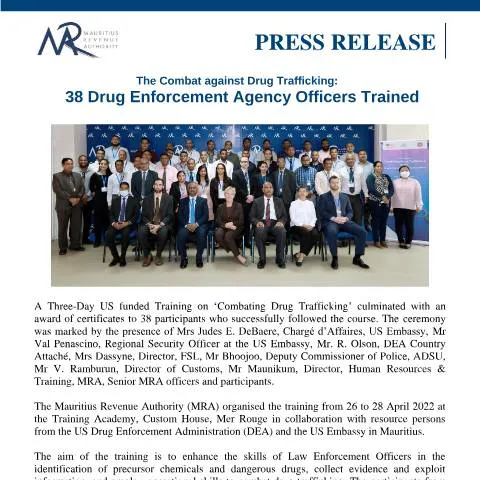 Document preview: Enhancing Drug Enforcement in Mauritius: 38 Officers Trained — Government & admin (PressRelease290422)