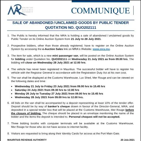 Document preview: Navigating the Sale of Abandoned Goods in Mauritius — Government & admin (CERFA n°CommuniqueQUO202111)