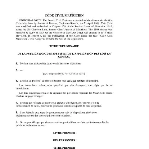 Document preview: The Importance of the Code Civil Mauricien in Legal Matters — Government & admin (code-civil-mauricien)