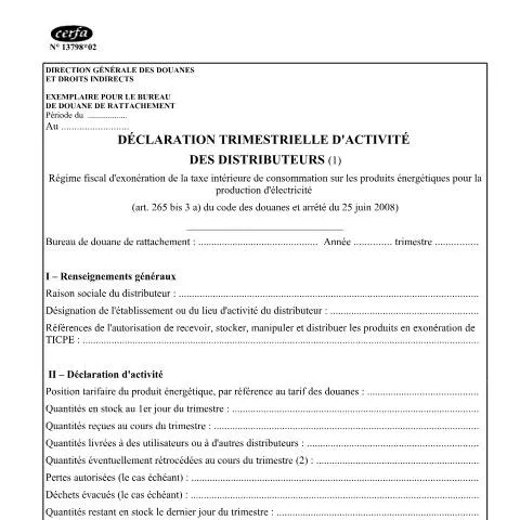 Aperçu du document Obligations déclaratives des distributeurs d'électricité — Démarches administratives (CERFA n°13798*02)