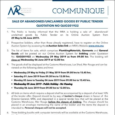 Document preview: Guide to Bidding on Abandoned Goods in Mauritius — Government & admin (Communique22of2019)