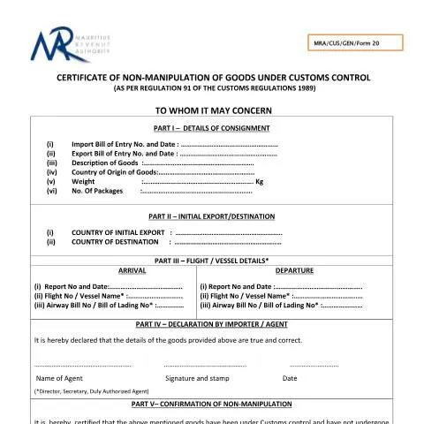 Document preview: Understanding the Certificate of Non-Manipulation in Customs — Government & admin (MRACUS-GEN-Form20)