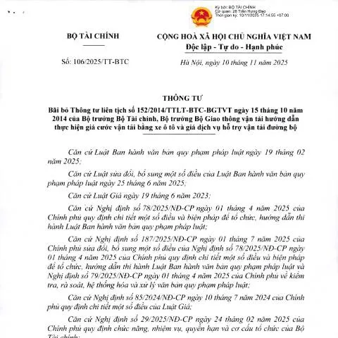 Document preview: Thông tư 106/2025/TT-BTC: Thay đổi quan trọng trong quản lý giá cước — Thuế & tài chính (CERFA n°106/2025/TT-BTC)