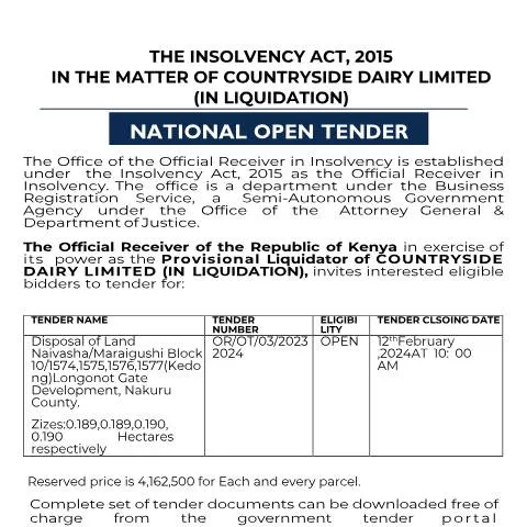 Document preview: Important Tender Notice for Land in Naivasha, Maraigushi Block 10 — Property & real estate (CERFA n°Tender-Notice-DISPOSAL-OF-LAND-NAIVASHAMARAIGUSHI-BLOCK-10)