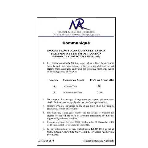 Document preview: Presumptive Taxation System for Sugarcane Cultivation (July-December — Taxes (CERFA n°Communique2010sugarcane)
