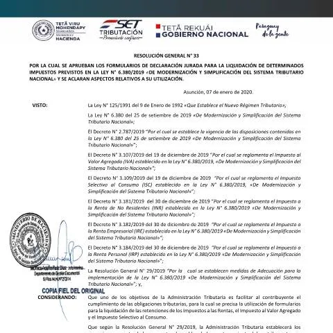 Vista previa del documento Resumen de la resolución general 33/2020 de la SET en Paraguay — Impuestos