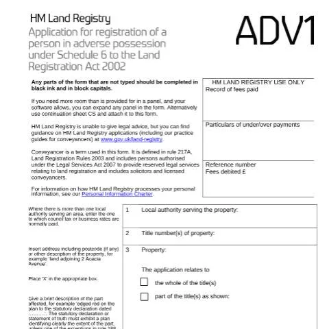 Document preview: How to Use ADV1 Form for Adverse Possession Registration — Government & admin
