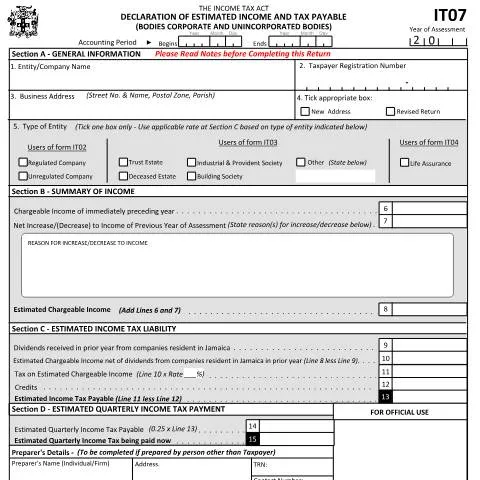 Document preview: Jamaica Form IT07 - Declaration of Estimated Income and Tax Payable — Taxes (CERFA n°it07_120117)
