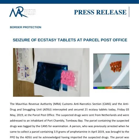 Document preview: Mauritius Takes Action Against Drug Trafficking: Ecstasy Seizure — Government & admin (PressRelease030519)