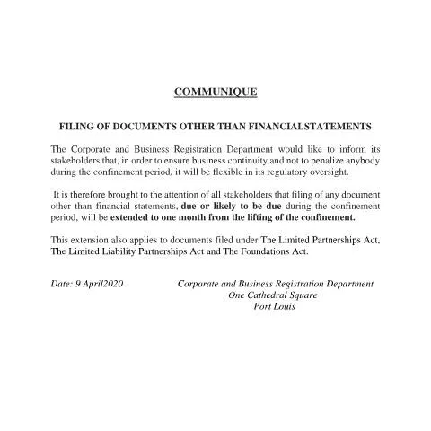 Document preview: Mauritius Corporate Document Filing During Confinement — Government & admin (COMMUNIQUE-3-FOR-FILING-OF-DOCUMENTS-3)