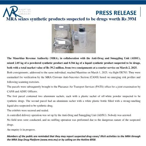 Document preview: MRA's Major Drug Seizure: Rs 39 Million in Synthetic Products — Government & admin (PressRelease110325)
