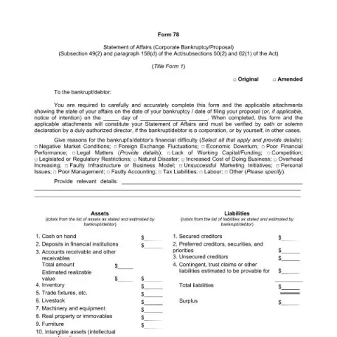 Document preview: Understanding Form 78: Corporate Bankruptcy and Proposal Statement — Legal & justice (Form 78)