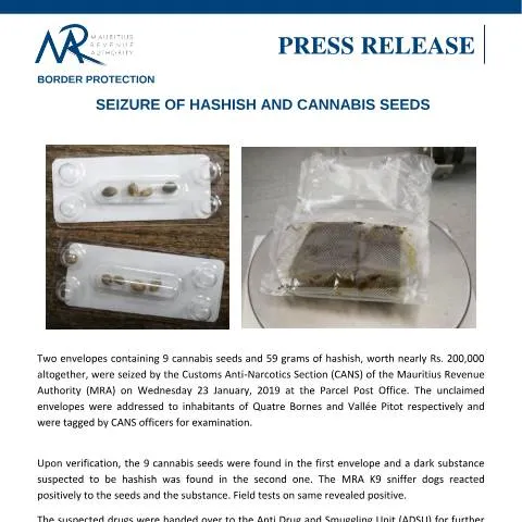 Document preview: Border Protection Measures for Hashish and Cannabis Seeds Seizure — Government & admin (Seizure240119)