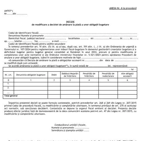 Document preview: Modificarea deciziei de amânare a obligațiilor fiscale în România — Impozite & fiscalitate (CERFA n°A6_OMF_5521_2024)