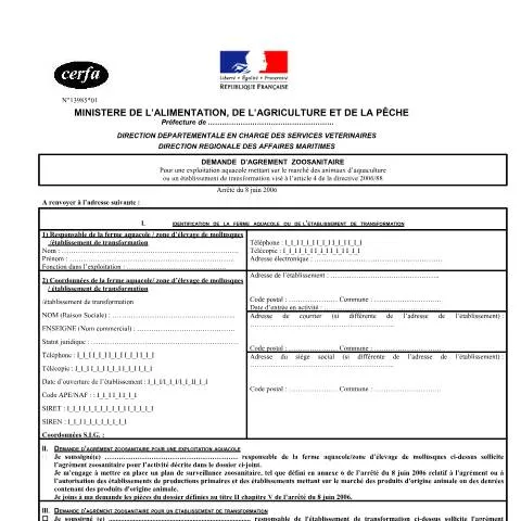 Aperçu du document Agrément zoosanitaire aquaculture : procédure et obligations — Démarches administratives (CERFA n°13985*01)