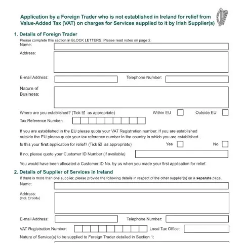 Document preview: VAT Relief Application for Foreign Traders Not Established in Ireland — Taxes (VAT 60A)