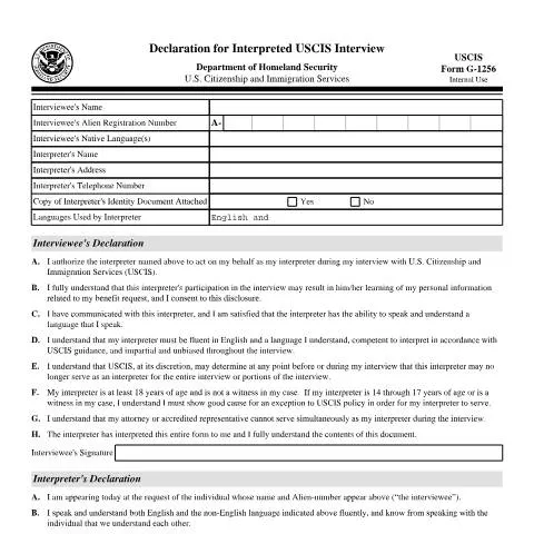Document preview: Understanding USCIS Form G-1256 for Immigration Interviews — Immigration & visas (CERFA n°G-1256)