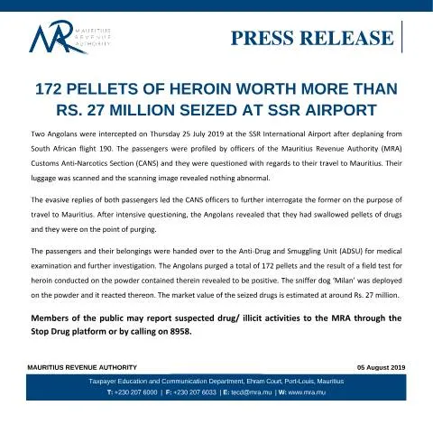 Document preview: Significant Heroin Seizure at SSR International Airport — Government & admin (drugs_seized_at_airport_20190806)