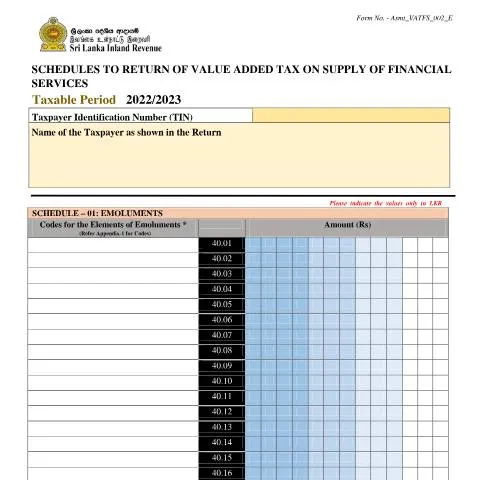 Document preview: Understanding VATFS Schedules for Financial Services in Sri Lanka — Taxes (CERFA n°Asmt_VATFS_002_2223)